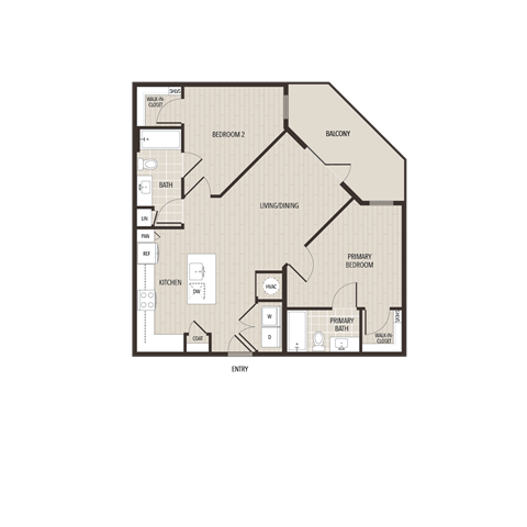 Floor plan for 2 beds, 2 baths, 940 sqft